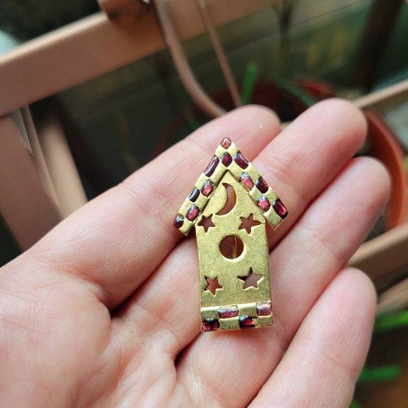 Vintage Danecraft Gold & Red Stone House Sun Moon Boucher Lapel Brooch Pin - Picture 8 of 9